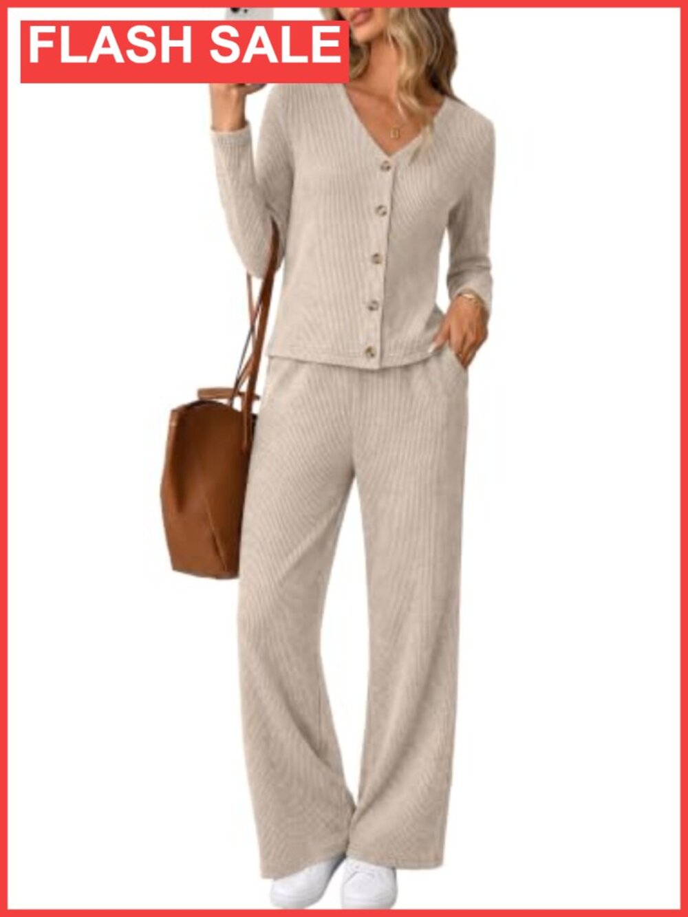 Ribbed Knit 2 Piece Button Front Loungewear Set Cardigan & Flare Pants